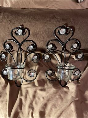 2000 vintage Black Metal Heart Wall Sconces with Glass Votive Holders - Pair